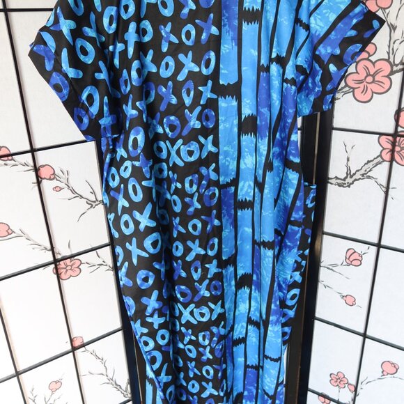 West African Blue and Black Patterned Long Kaftan Bubu Dress w/Pockets NWOT - Picture 10 of 16